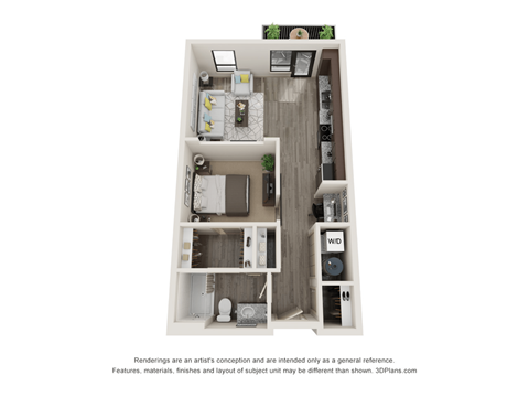 Floor plan for 1 bed, 1 bath, 615 sqft